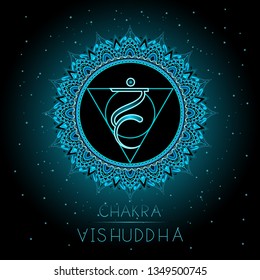 Vector illustration with symbol Vishuddha - Throat chakra on black background. Round mandala pattern and hand drawn lettering. Colored.