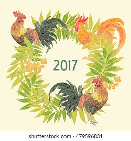 vector illustration symbol of the year 2017 on the Chinese calendar - fire cock. stylish, trendy, red rooster. Happy New Year