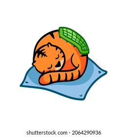 Vector illustration of the symbol of the year 2022. Sleeping tiger in doodle style