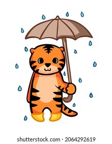 Ilustración vectorial del símbolo del año 2022. Tigre bajo la lluvia al estilo de doodle
