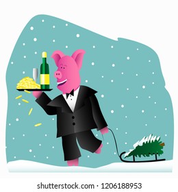 Vector illustration of the symbol of the year - pig with christmas tree and christmas greeting