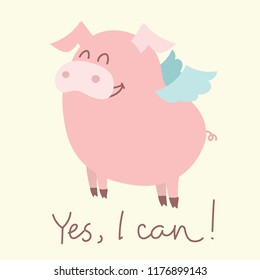 Vector illustration of the symbol of the year - yellow pig with hand drawn text Yes, I can