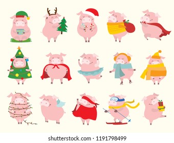 Vector illustration of the symbol of the year - yellow pigs with christmas gifts and christmas greetings