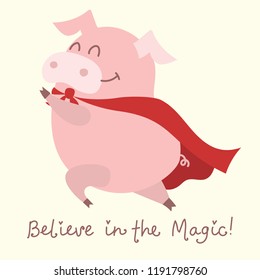Vector illustration of the symbol of the year - yellow pig in superhero costume and funny quote