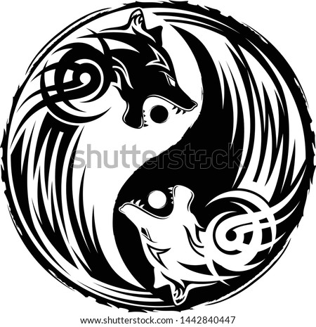 Vector illustration of a symbol of Yin and yang. Wolf swallowing of the sun. Celtic style. Sign of harmony and balance. Totem. Sacred animal of Vikings. Dark and white. Black tribal tattoo.