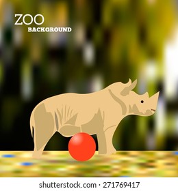 Vector illustration of symbol of the zoo, rhino with a ball on a blurred background.