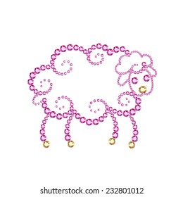 Vector illustration: symbolic contour sheep made of pink and yellow crystals