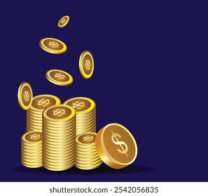 Ilustração vetorial de uma moeda simbólica em dólar dourado. Desenho de uma moeda de ouro com uma seta amarela apontando para cima. Uma pilha de moedas de ouro com um fundo de ouro com um símbolo para o