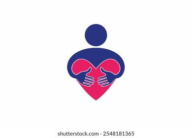 Vector illustration of a symbolic icon depicting abstract figures hugging a heart. With a blue and pink color scheme, this image conveys the theme of love, care, and relationships.