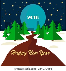 Vector illustration symbolizes the celebration of the new year,Country road in the direction of the city,The moon and the stars,tree along the road