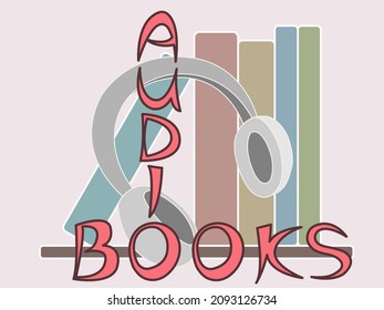 vector illustration symbolizing audio books with an image of a shelf with books, a microphone and headphones for website design and the creation of logos and emblems