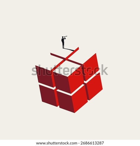 Vector illustration symbolizing business scalability, technology, investment, and growth. A businessman stands atop a large red and white geometric cube, looking into the distance with a telescope