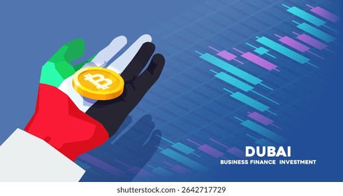 Vector illustration symbolizing cryptocurrency investment and finance in Dubai. A hand textured with the UAE flag holds a gold Bitcoin coin against a financial candlestick chart background.