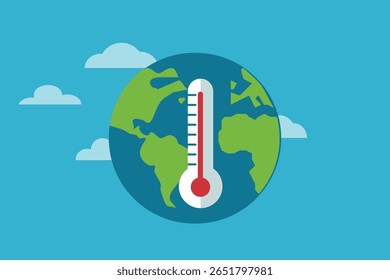 Vector illustration symbolizing environmental problems with a thermometer over planet Earth, highlighting global warming, climate change, and environmental awareness caused by rising temperatures and 