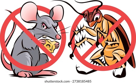 A vector illustration symbolizing pest control services, featuring a stylized mouse and cockroach each enclosed within a red prohibition sign. Designed to represent rodent and insect elimination, this graphic is ideal for pest extermination companies, home hygiene campaigns, and advertisements promoting eco-friendly and safe pest control solutions.