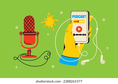 Vector illustration symbolizing podcasting, radio shows, audio online broadcasts. Microphones, headphones, music equipment, phone for podcast recording and listening