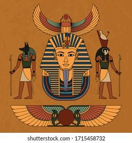 Vector illustration symbols of ancient Egypt Egyptian winged sun, gods Anubis and Horus, and pharaoh Tutankhamun, and symbol of Egyptian faith beetle Scarab.