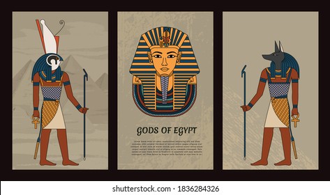 Vector illustration symbols of ancient Egypt Egyptian gods Anubis and Horus, and mask of pharaoh Tutankhamun. In colored vintage style. EPS 10. Vector illustration