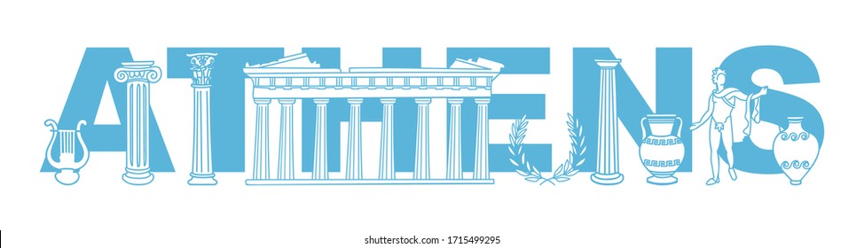 Vector illustration Symbols of Athens, Greece. Famous Greek landmarks and the city name behind. Horizontal skyline banner for souvenir print design or city promotion.