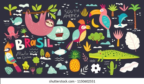 Vector illustration with Symbols of Brazil. Animals of Brazil