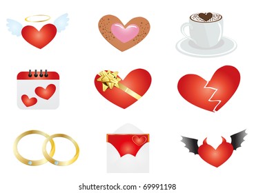 Vektorgrafik von Symbolen, die mit dem Valentinstag verbunden sind