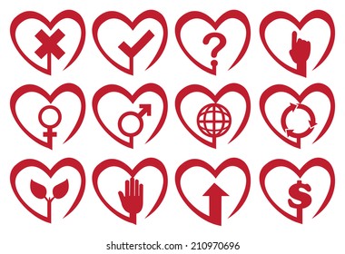 Vector illustration of symbols and icons in heart shape frame.