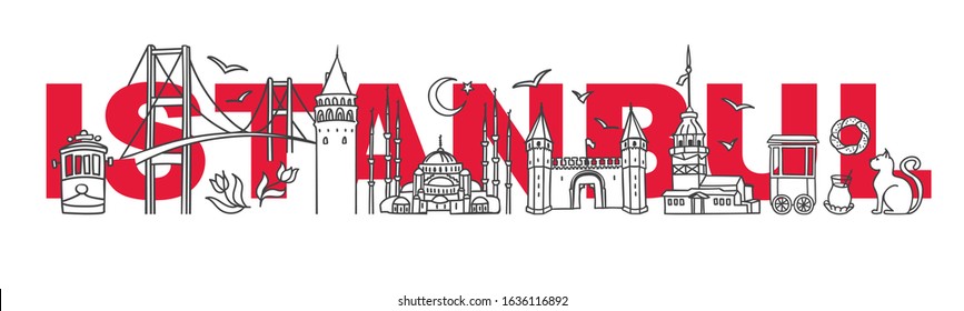 Vector illustration Symbols of Istanbul, Turkey. Galata and Maiden tower, Blue Mosque, bridge and other Turkish landmarks with the city name behind. Travel design for souvenir print and tour promotion