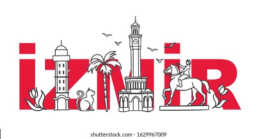 Vector illustration Symbols of Izmir, Turkey. Clock Tower, historic elevator, mosque, monument and other Turkish landmarks with the city name behind. Travel design for souvenir print, tour promotion.
