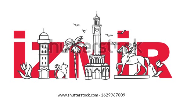 Vector illustration Symbols of Izmir, Turkey.\
Clock Tower, historic elevator, mosque, monument and other Turkish\
landmarks with the city name behind. Travel design for souvenir\
print, tour promotion.