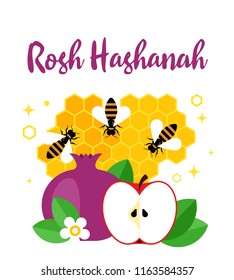 Vector illustration with symbols of Jewish holiday Rosh Hashanah , Jewish New Year. Shana Tova. Concept for cards or banner.