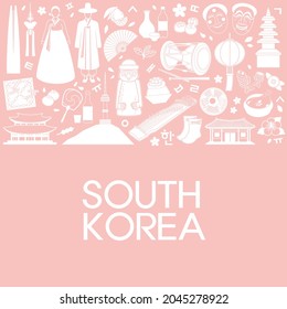 Vektorgrafik von Symbolen und Wahrzeichen Südkoreas wie hanok, hanbok, bibimbap, gayageum, etc. Line Art. Vorlage für Poster, Banner, Flyer oder Booklet. EPS10