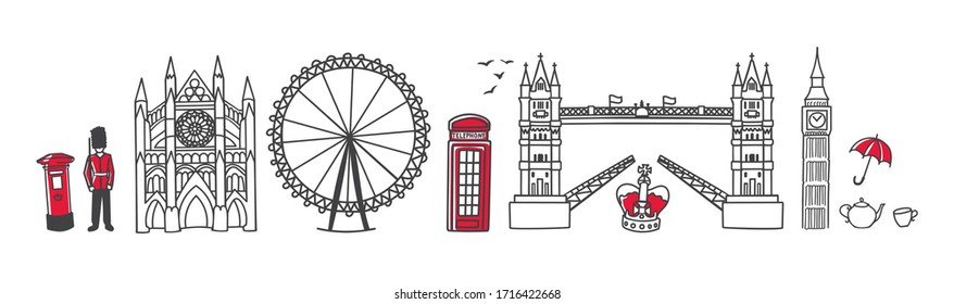 Vector illustration Symbols of London, the UK. Famous English landmarks in the row. Doodle Tower Bridge and Westminster Abbey. Horizontal skyline banner for souvenir print design or city promotion.