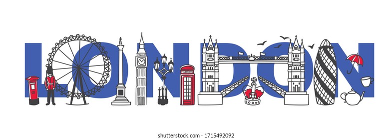 Vector illustration Symbols of London, the United Kingdom. Famous English landmarks and the city name behind. Horizontal skyline banner for souvenir print design or city promotion.