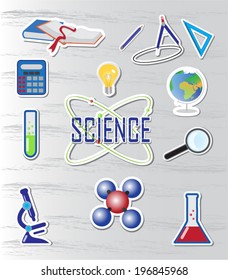 Vector illustration of symbols representing science. Science icons made like stickers.
