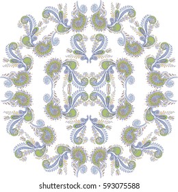 Vector illustration of symmetric paisley pattern. white background, pastel color of the ornament. Very good for printing on the textile goods.