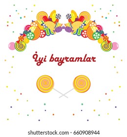 vector illustration of symmetrical candies frame with text Iyi bayramlar in turkish Happy Holiday for text or greeting