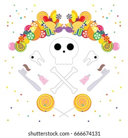 vector illustration of symmetrical candies frame with skull and toothbrushes or healthy teeth concepts