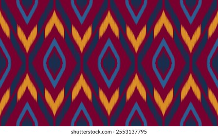 A vector illustration of a symmetrical diamond-shaped ikat pattern in tones of red, golden yellow and dark blue, conveying a lively and contemporary vibe. For designing textiles, curtains, carpets