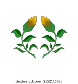 Vector illustration of a symmetrical floral motif featuring green leaves and yellow flower buds. Ideal for decorative purposes, botanical themes, embroidery designs, or graphic design projects.