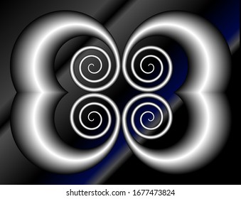 Vector illustration of symmetrical four spiky luminous spirals on minimalist pattern background. Concept of balance, unity and dynamic. 