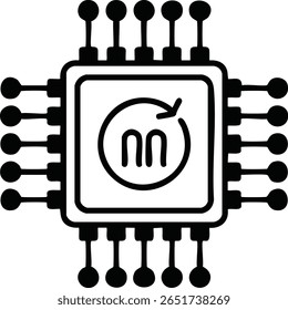 Vector Illustration of a Symmetrical Microchip with Circular Arrow and Mirrored "nn" Symbol in Black and White