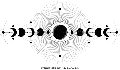 Ilustración vectorial del diseño simétrico de la fase lunar con Formas geométricas y Elementos celestes en estilo místico