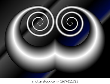 Vector illustration of symmetrical two shiny white spiky spirals on minimalist pattern background. Concept of balance, unity and dynamic.