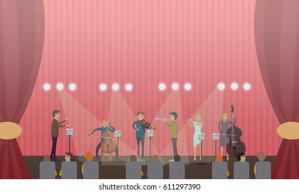 Vector Illustration Of Symphony Orchestra Playing Music On Stage Of Concert Hall. Conductor, Violinist, Bassist, Trumpeter, Flutist And Audience Flat Style Design Elements.