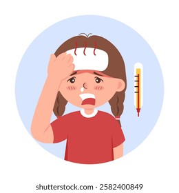 A vector illustration symptoms of high fever, headache, and body aches focusing on flu or viral infections. (Girl)