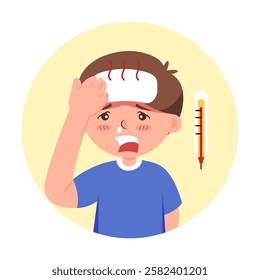 A vector illustration symptoms of high fever, headache, and body aches focusing on flu or viral infections. (boy)