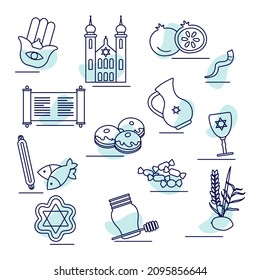 Vector illustration Synagogue Torah Hamsa David's star Israel Judaism Religious Happy Holiday Chanukah Passover Sukkot Rosh Hashanah Yom kippur Shabbat Traditional Jewish Festival symbol Prayer Belief