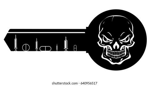 Vector illustration syringe ampules and skull key