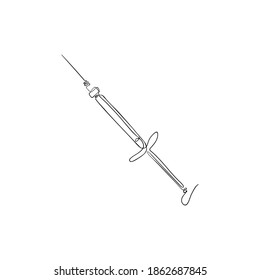 Vector illustration of a syringe is drawn by one endless line. Cosmetic injection, vaccine or inoculation linear art