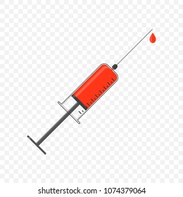 Vector illustration of a syringe with a drop of red blood or liquid, isolated on a transparent background